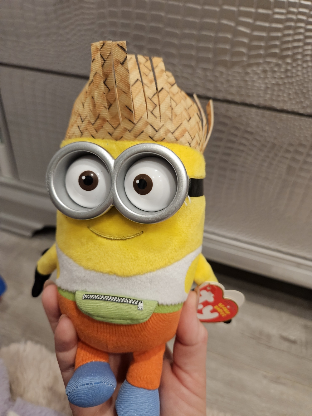 Ty Yellow Minion Plush with Straw Hat and Orange Outfit